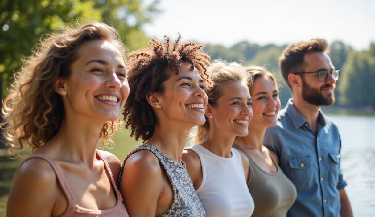 Skupina šťastných a zdravých lidí s úsměvem, symbolizující spokojenost a vitalitu.