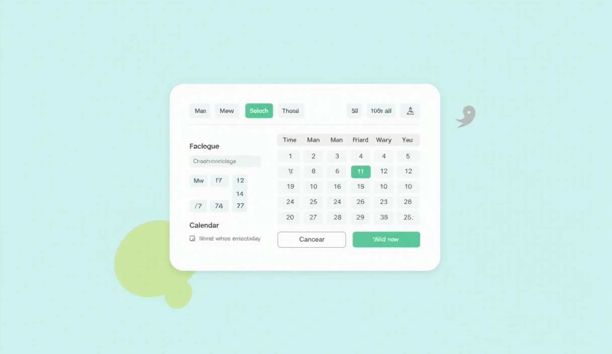 Ilustrace kalendáře nebo rezervačního rozhraní bez textu. Zobrazuje moderní design s ikonami pro výběr datumu a času.